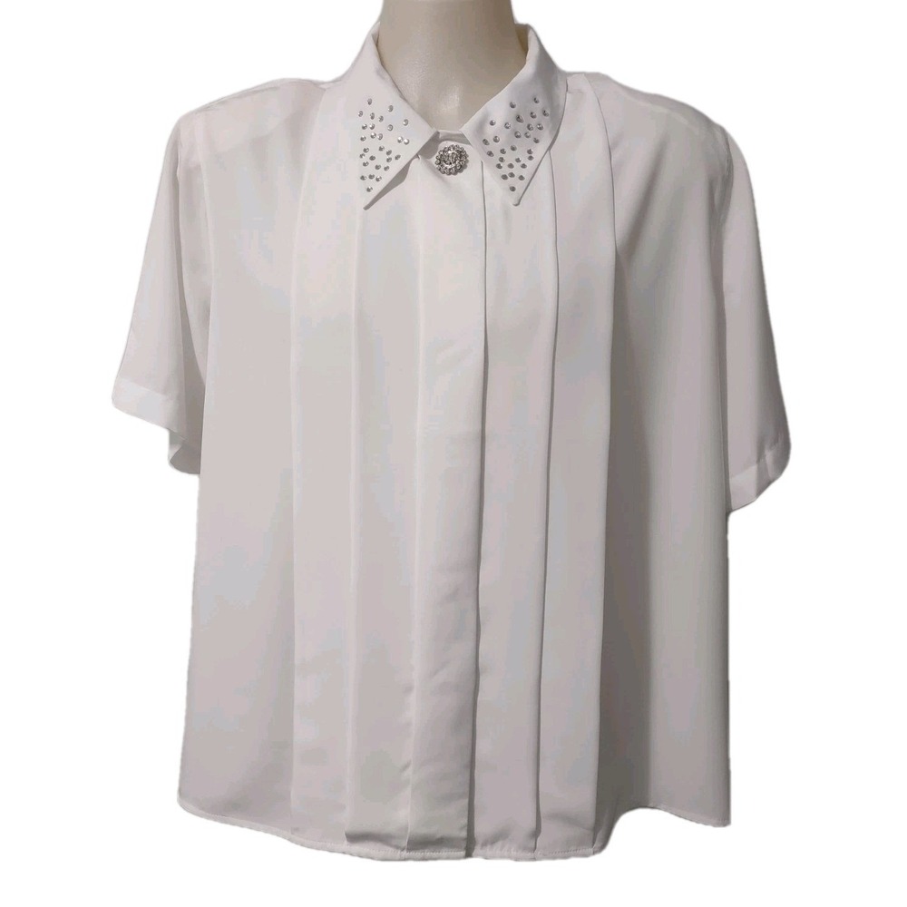 Y2K Maurada Dress Shirt Womens 26W Pleated Blouse White Short Sleeve Embellished